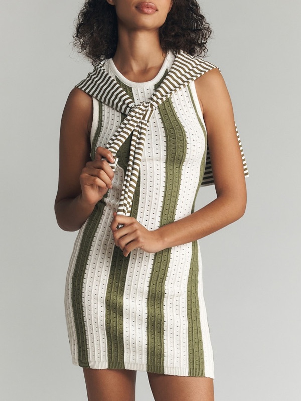 🟤NWT DAILY PRACTICE by ANTHROPOLOGIE Striped Knit Mini Dress Olive Green/Ivory